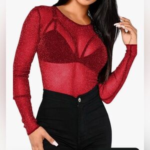 Glamorous Red Glitter Sheer Blouse